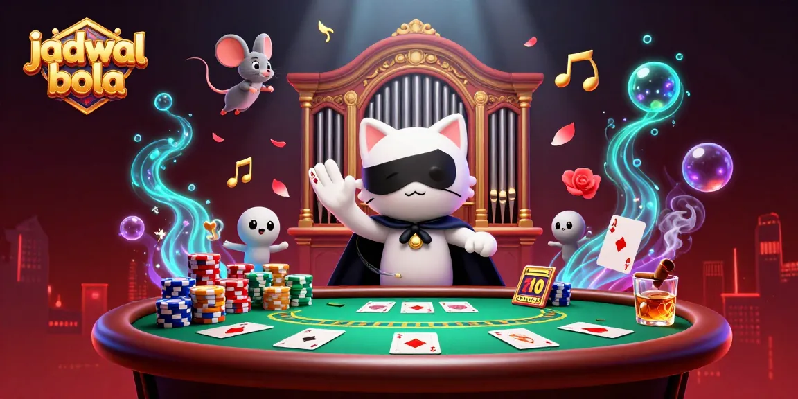 Engage in vibrant casino action with jadwal bola theme, featuring a cat at the organ and dynamic poker elements.