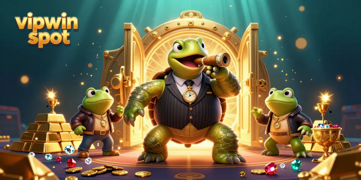 Experience the thrill of vipwin spot with a cartoon turtle and frog enforcers in a treasure-filled casino scene.