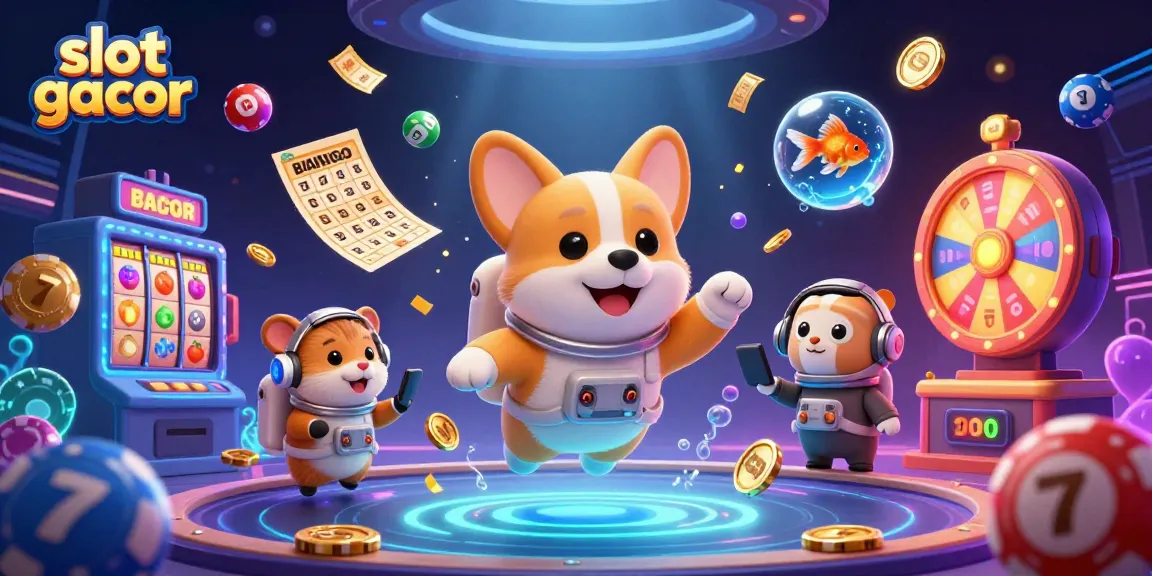 Visualisasi slot gacor menggunakan karakter lucu dan elemen permainan yang menarik, dengan efek pencahayaan menakjubkan.