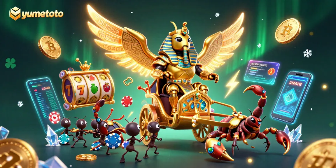 Win big with yumetoto in this vibrant casino scene featuring a golden scarab and slot machines.
