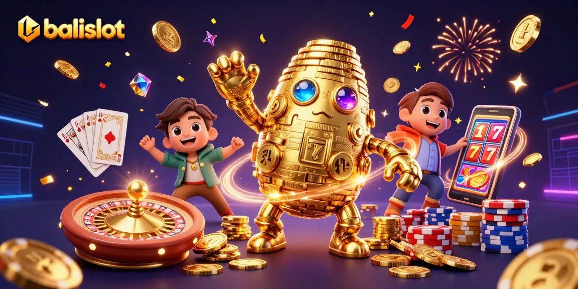 Menangkan jackpot di balislot dengan simbol mesin slot dan uang koin berkilau.