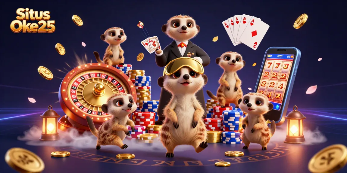 Merayakan Situs Oke25 dengan koloni meerkat beroperasi di kasino, dikelilingi oleh koin emas dan permata berkilauan.