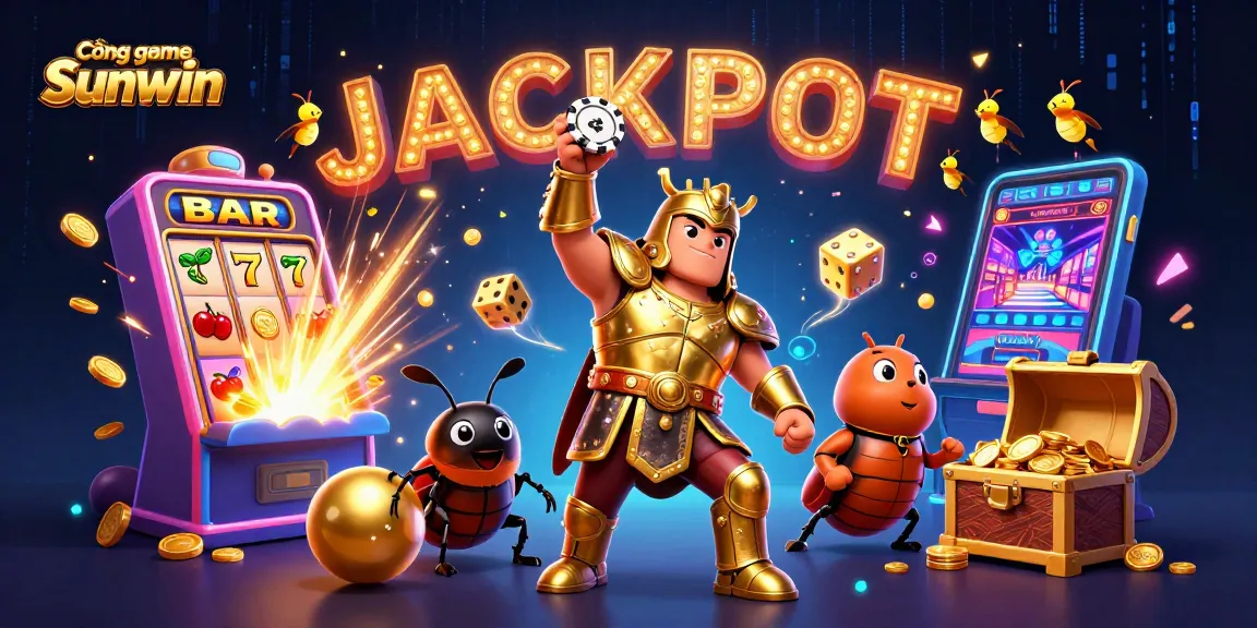 Cổng game Sunwin showcases a victorious hercules beetle lifting poker chips amidst an explosion of casino elements.