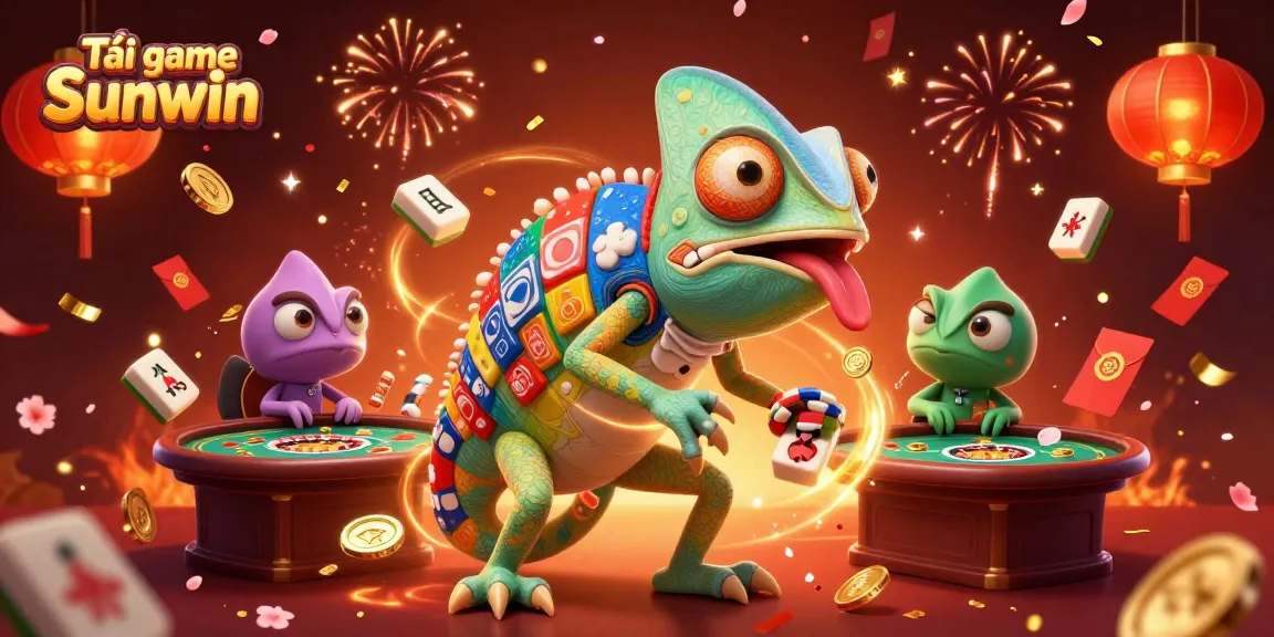 Experience the excitement of Tải game Sunwin with a vibrant casino scene featuring a chameleon owner.