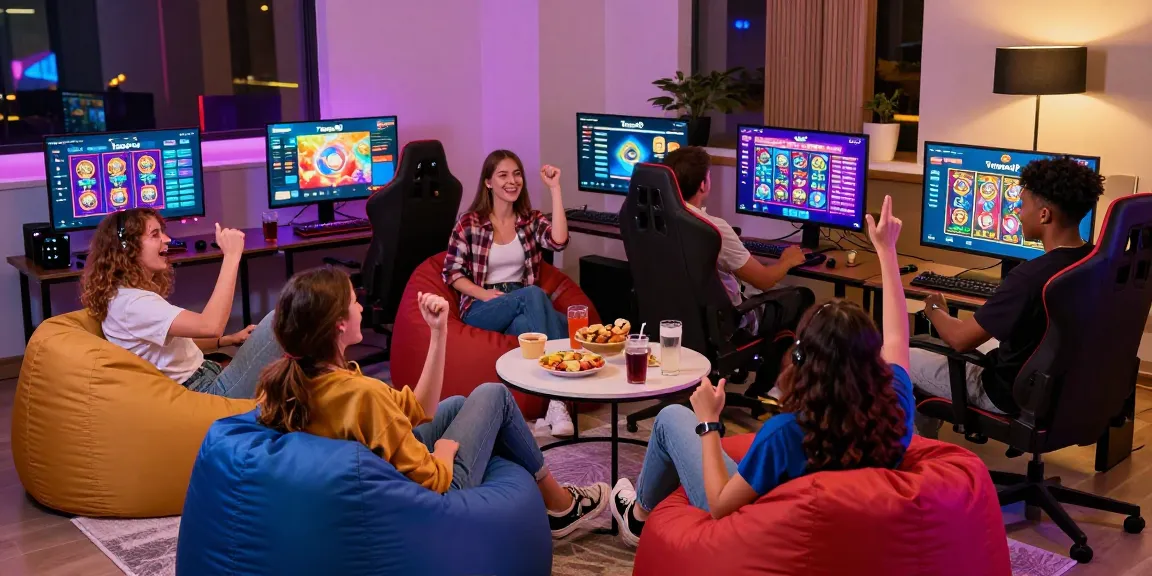 Friends enjoying an interactive gaming session on Tunas4D platform with vibrant atmosphere.