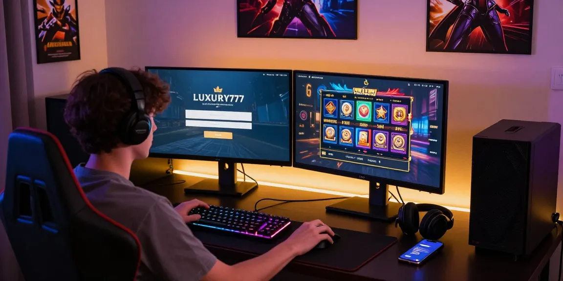 Login Cara Login LUXURY777 di ruang gaming modern dengan aksesori menarik.