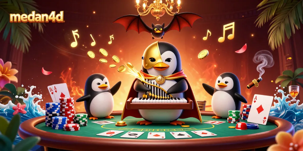 Menangkan permainan menarik di Medan4D dengan penguin opera ajaib dan koin emas yang berjatuhan.