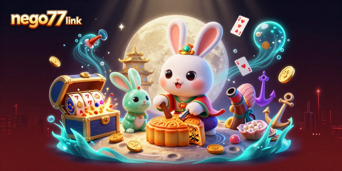 Experience the thrill of the nego77 link with the playful moon rabbit and vibrant gambling elements in this rich 3D scene.
