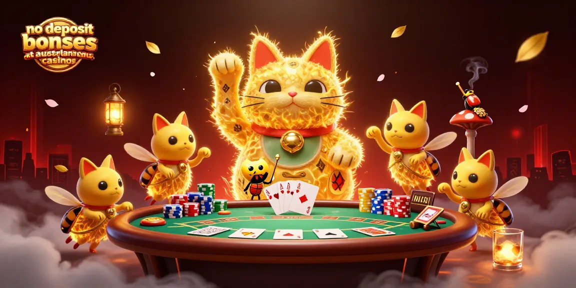 No deposit bonuses at Australian casinos illustrated by golden fireflies forming a lucky cat amidst dynamic poker elements.