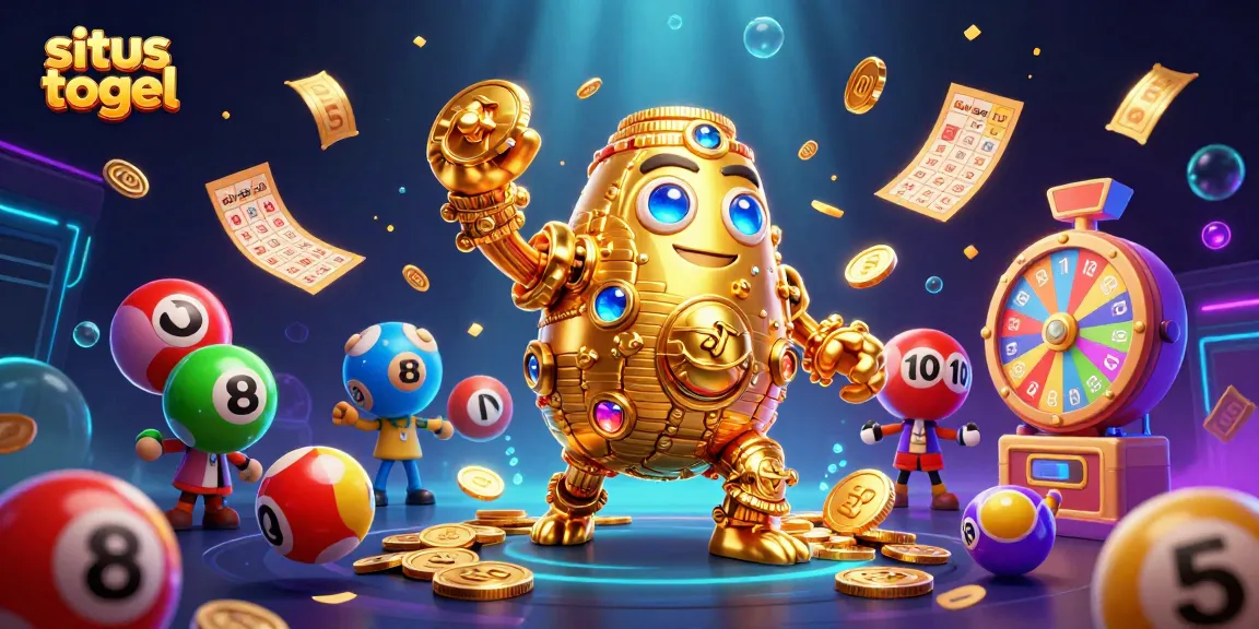 Visualisasi situs togel dengan golem emas dan bola lotere berwarna-warni yang dinamis.