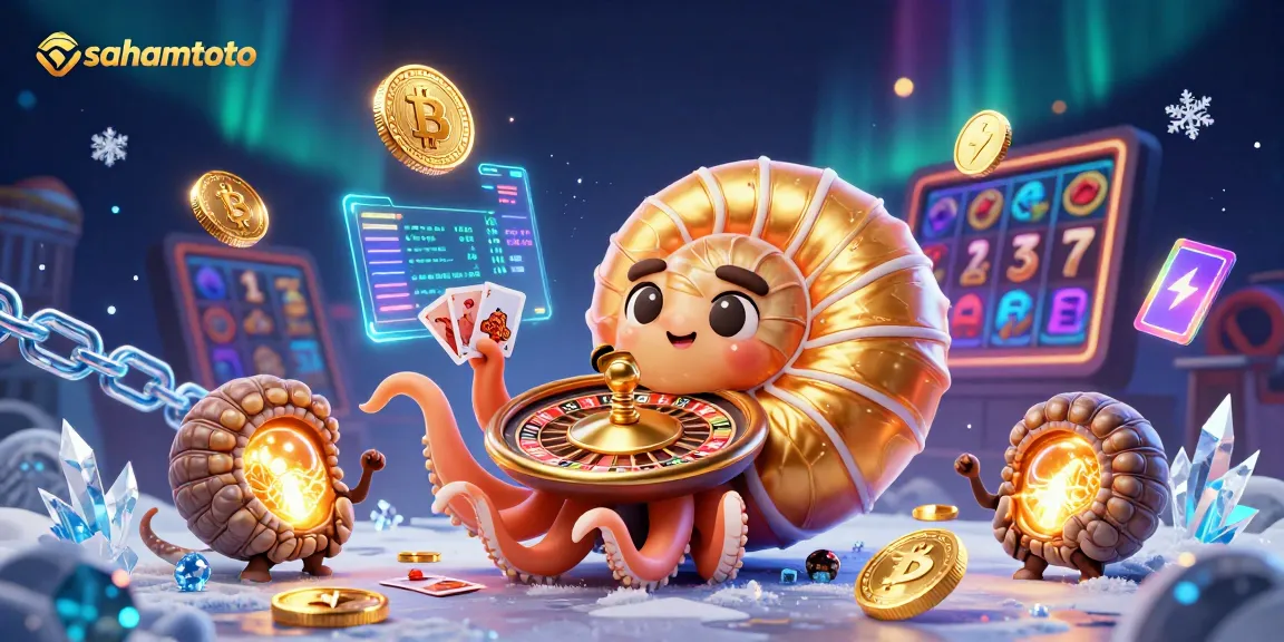 Gambarkan sahamtoto sebagai kupon dalam jackpot dengan nautilus kuno dan elemen kasino lainnya