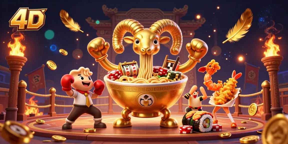 Engage with 4D gaming as a golden ramen bowl deals cards amidst vibrant casino action.