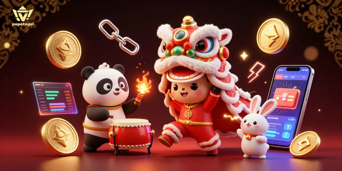 Experience popotogel's vibrant energy through a winning lion dance scene featuring crypto-themed elements.