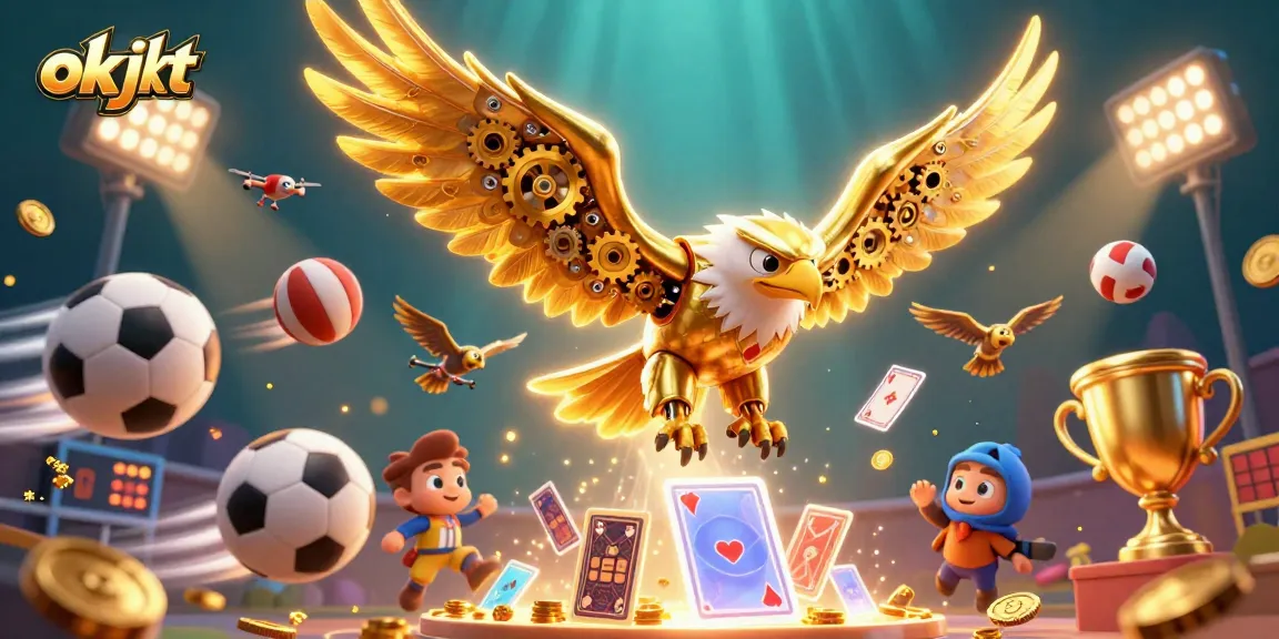 Menang di okjkt dengan ilustrasi kasino 3D menampilkan burung elang emas dan kartu permainan.