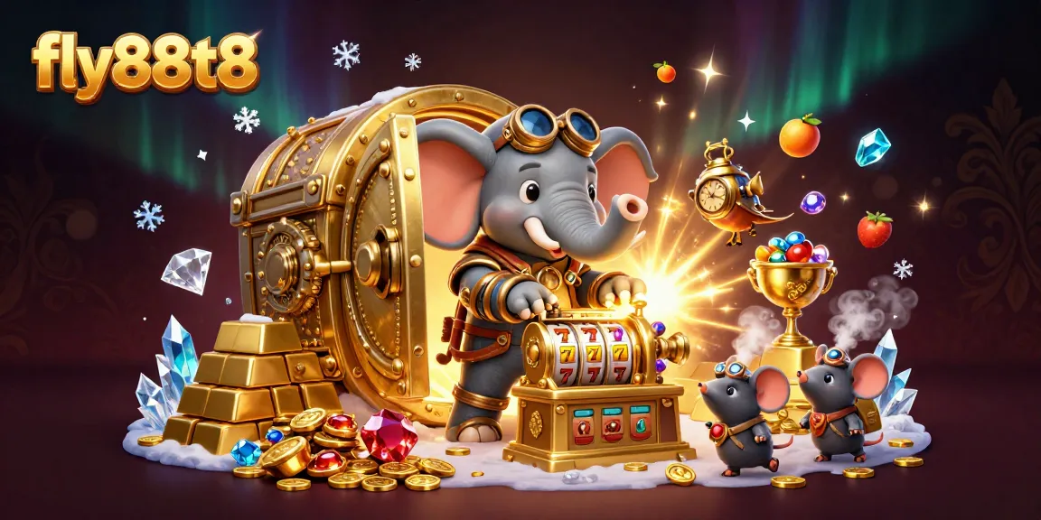 Fly88t8 showcases a steampunk elephant engineer amidst golden slot machines and treasures.