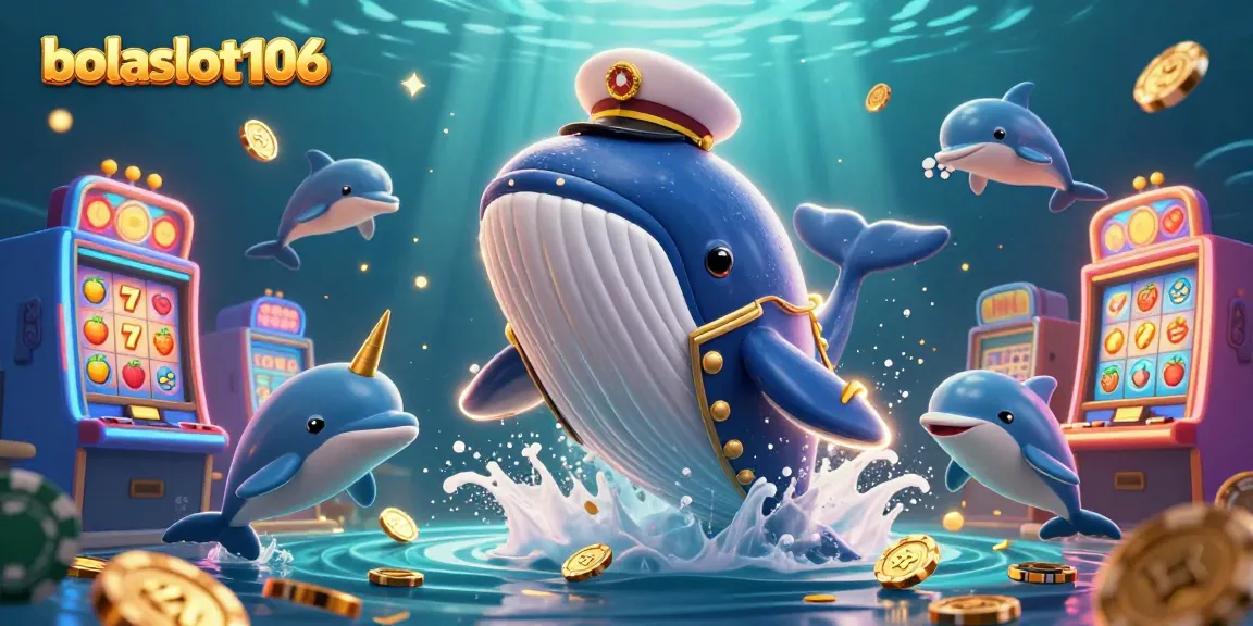 Bolaslot106 showcases an exciting scene with a whale, narwhal, and dolphins among slot machine elements.