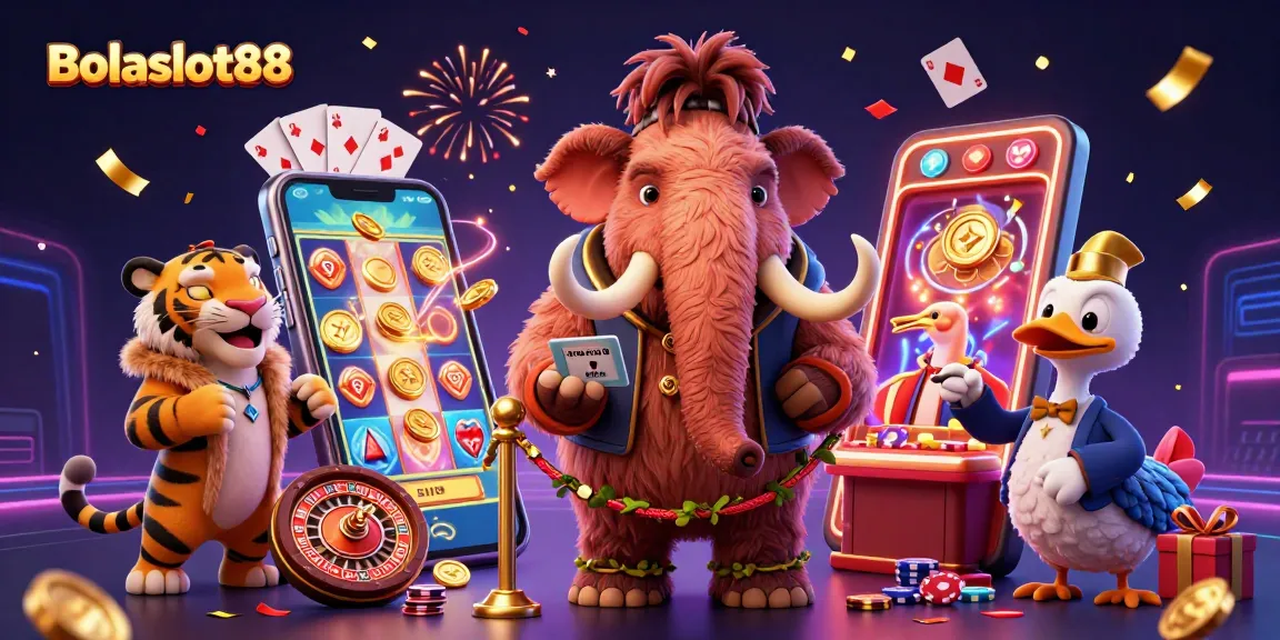 Bolaslot88 engages players with a vibrant casino scene featuring a bouncer and VIP characters.