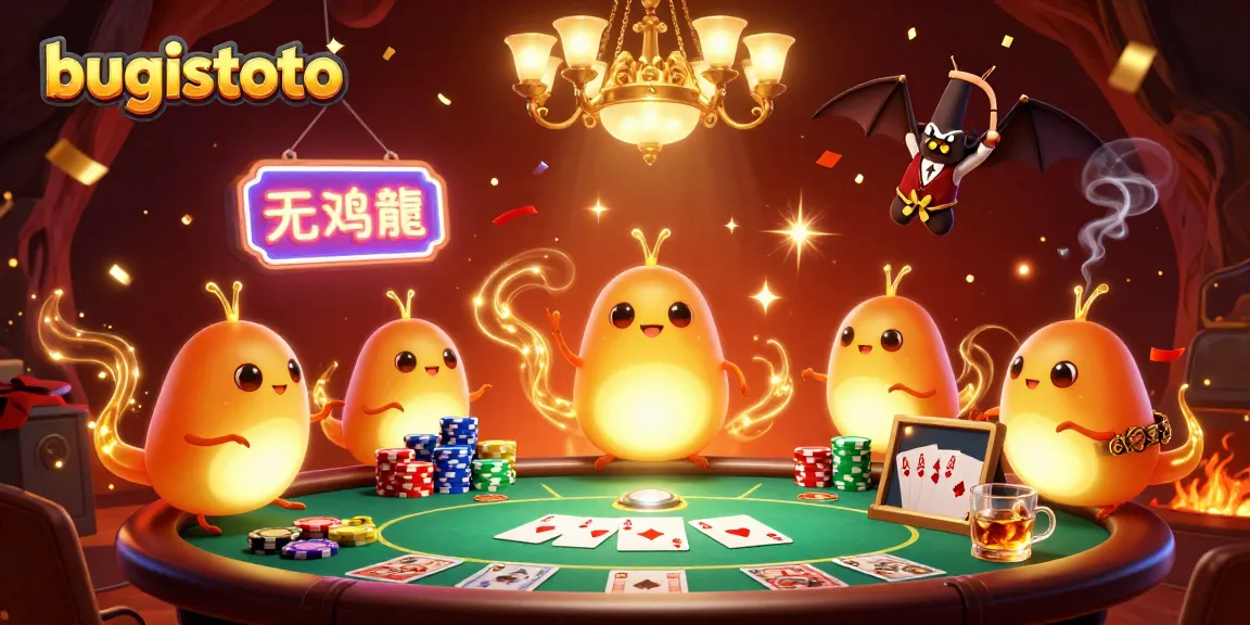 Gambarlah bugistoto di kasino gua yang diterangi oleh lumut, dengan dealer kelelawar dan banyak chip poker.