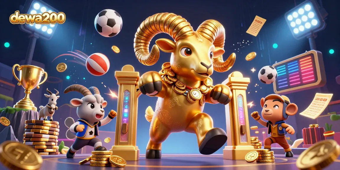 Menghadirkan dewa200, ram emas yang megah berlari ke gerbang kasino dengan koin dan bola olahraga di sekelilingnya.