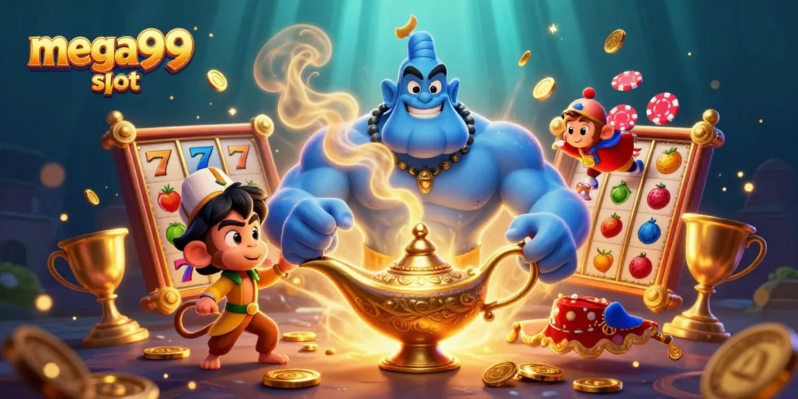 Experience the thrill of mega99 slot with this dynamic illustration featuring a genie and magical elements