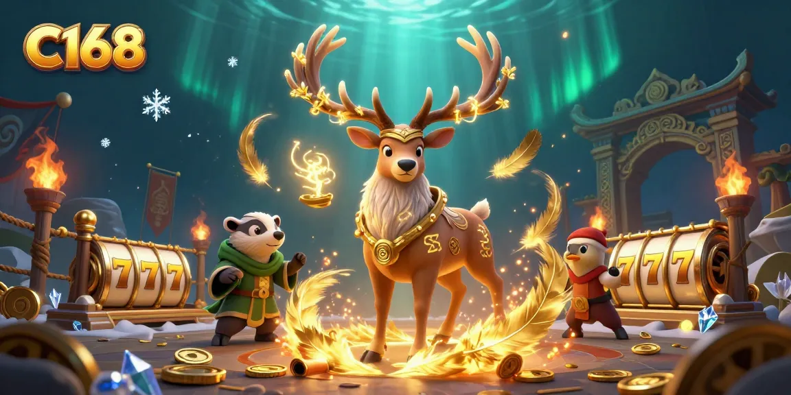 C168 slots collide with magic in a vibrant 3D casino illustration featuring a druid stag and badger.