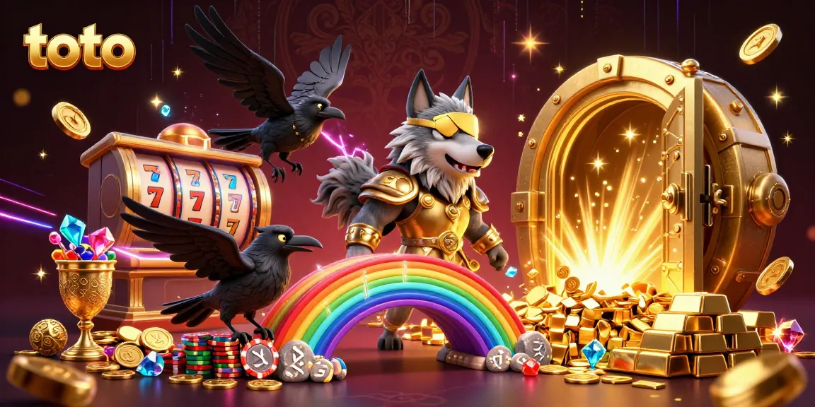 Gulungan slot berputar dengan karakter toto dan harta karun, menjanjikan pengalaman bermain yang menarik.