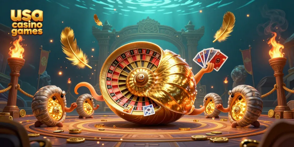 Experience thrilling usa casino games with an ancient nautilus character at a vibrant gambling arena.