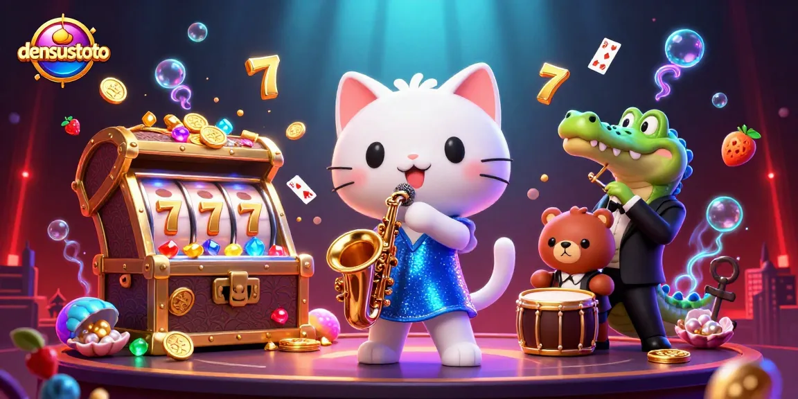 Densustoto menghadirkan aksi seru dengan simbol slot dan tokoh kartun di casino, siap meraih kemenangan