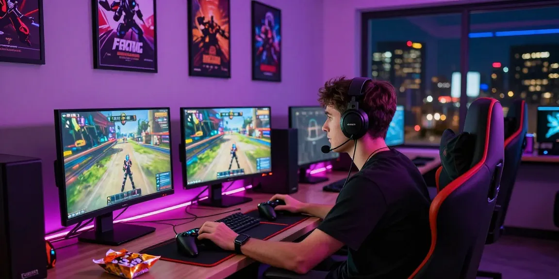 Gamer menikmati permainan interaktif di studio modern dengan aktivitas predict play yang menarik.