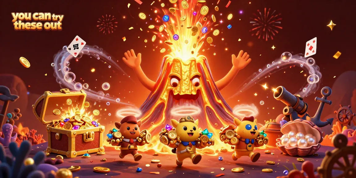 You can try these out and win big with a thrilling illustration of a golden volcano erupting treasures while tiny explorers flee with gems.