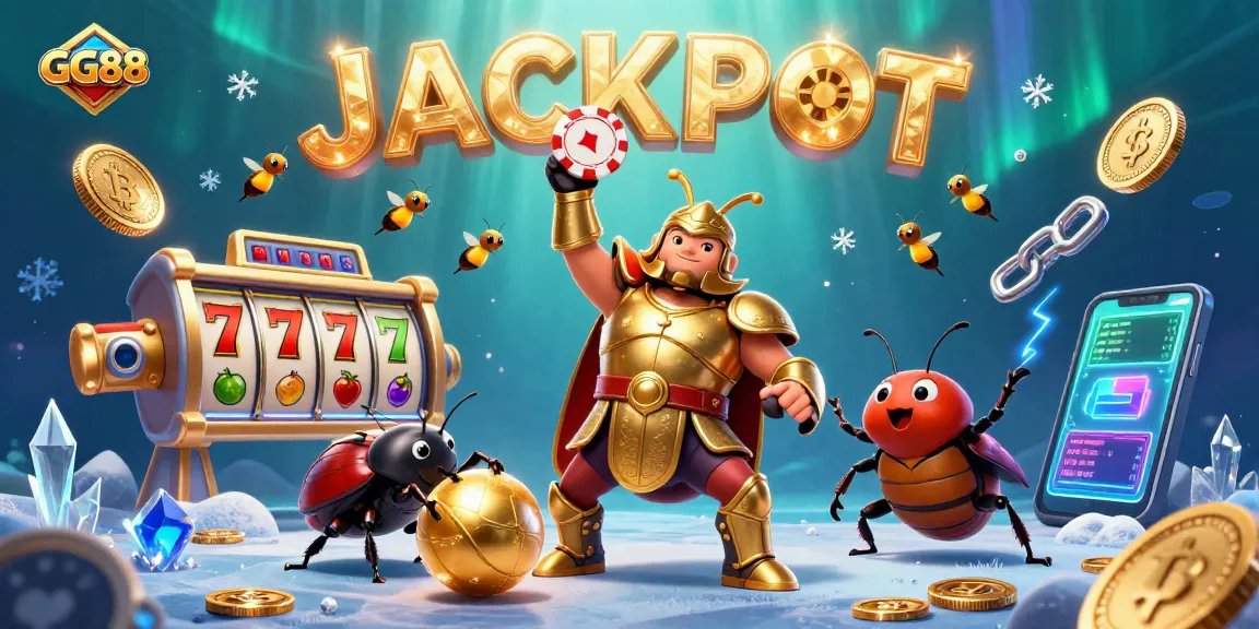 Experience the thrill of GG88 with a victorious beetle amidst neon coins and jackpot slots.