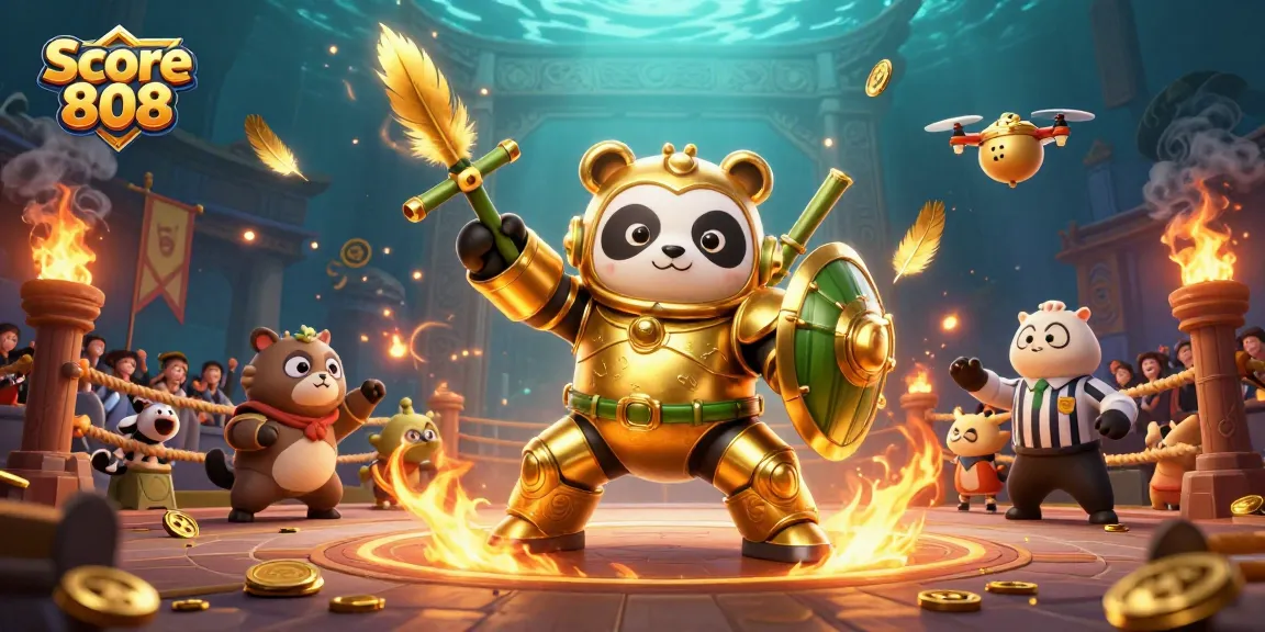 Experience the thrill of Score 808 with golden panda and bamboo robot battling amidst epic gaming elements.