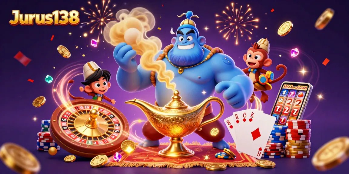 Experience winning at Jurus138 with a colorful 3D illustration of a genie and poker elements.