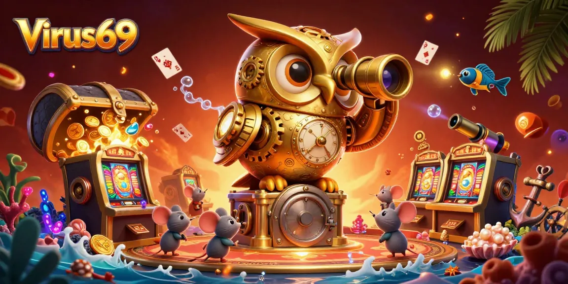 Experience excitement with Virus69's vibrant casino scene featuring games and gold treasures.