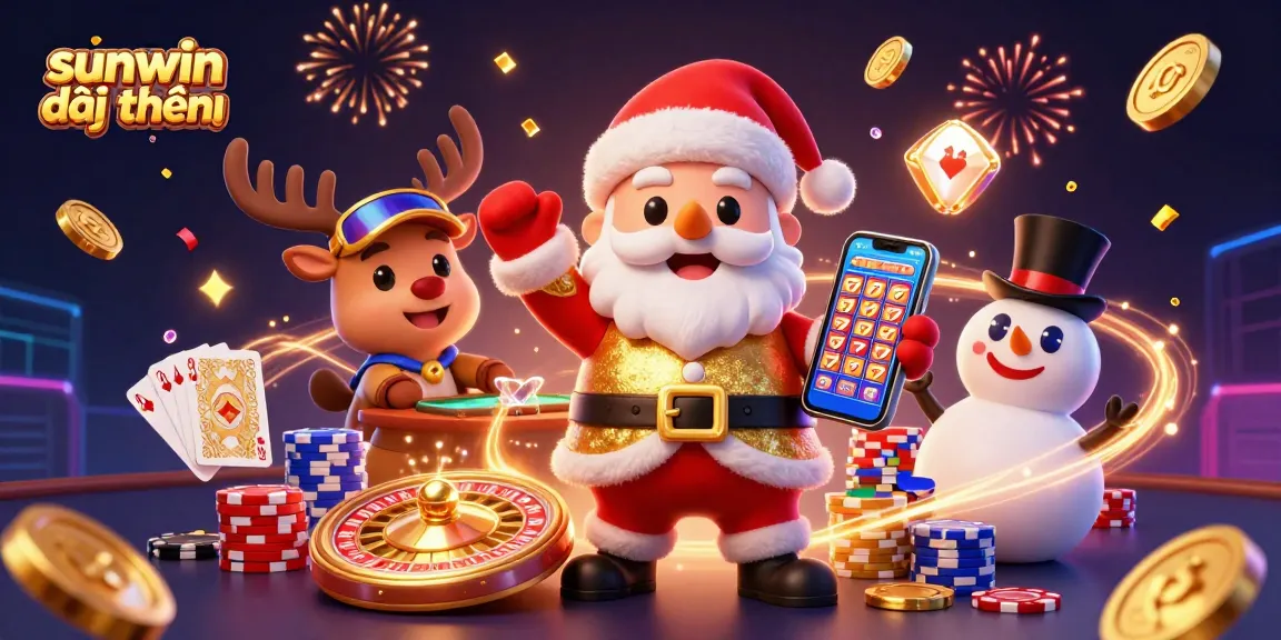 Engaging scene showcasing sunwin đổi thưởng with Santa, reindeer, and snowman enjoying casino action.