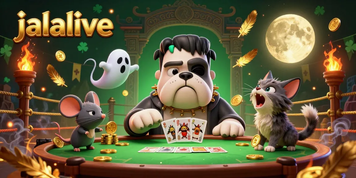 Engage in gambling excitement with jalalive as Frankenstein bulldog deals cards amidst glowing gold and playful characters.